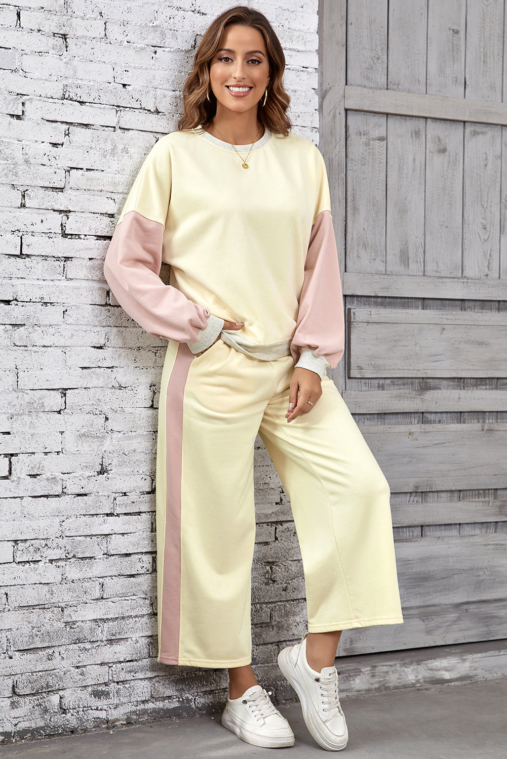 Apricot 2pcs Color Block Pullover Loose Pant Set