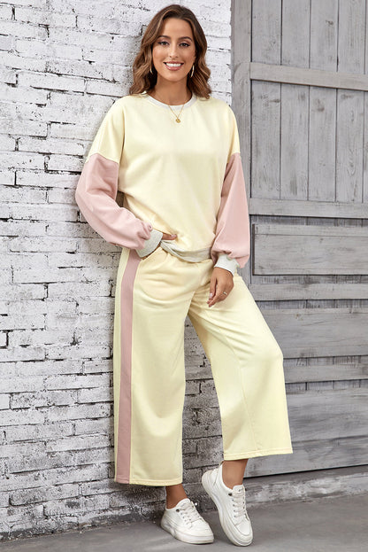 Apricot 2pcs Color Block Pullover Loose Pant Set