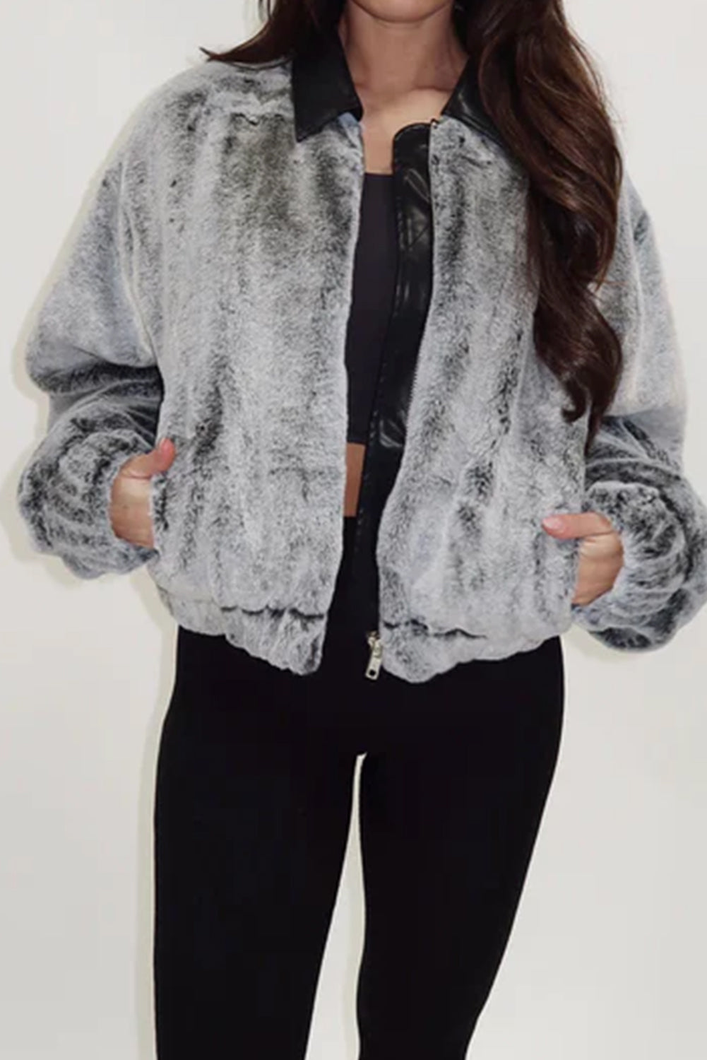 High-rise Fleece Plush Contrast Faux Leather Collared Zipped Casual Jacket