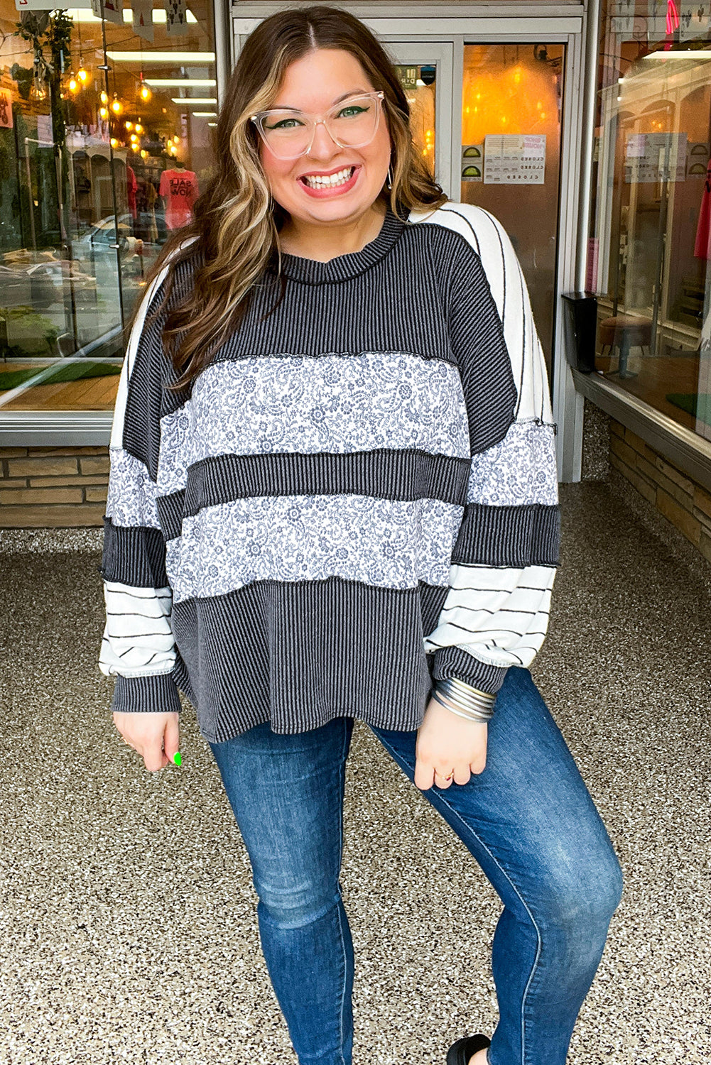 Gray Twisted Ribbed Paisley Print Striped Patchwork Plus Size Long Sleeve Top