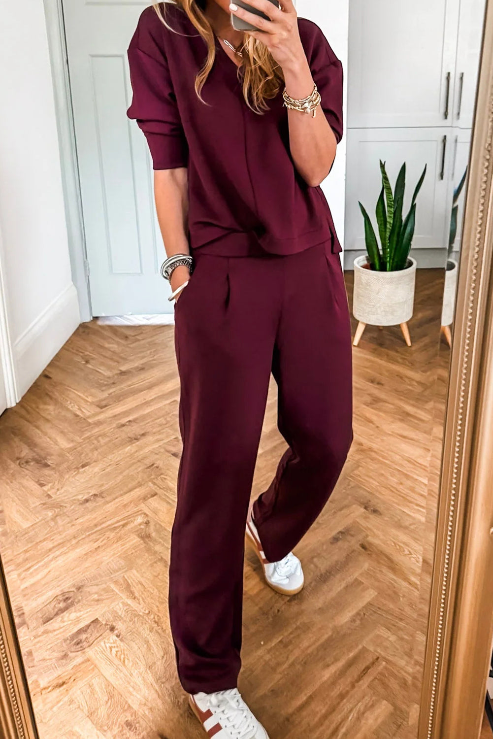 Red Dahlia Solid Color V Neck Tee Pocketed Casual Pant Set