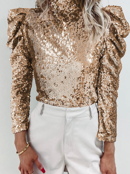 Apricot Sequin Mock Neck Puff Sleeve Sheath Top