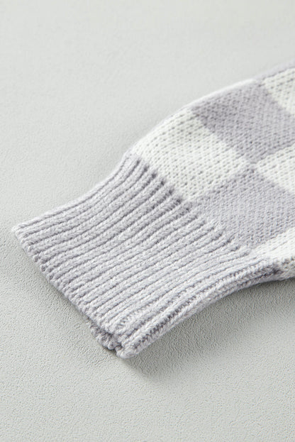 Grey Plaid Drop Shoulder Knit Sweater