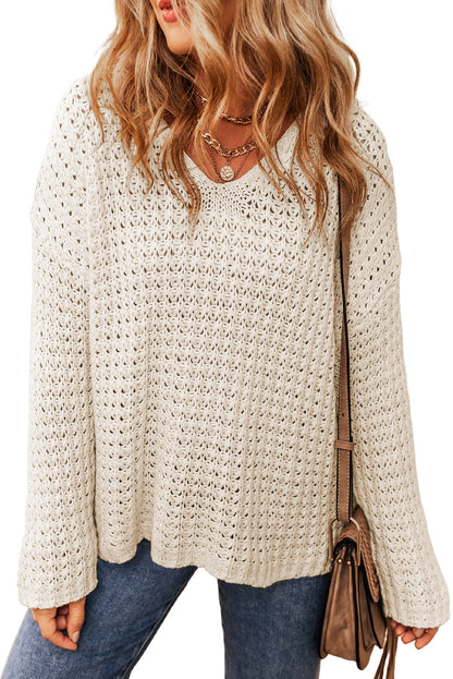 Elegant White Crochet Knit V-Neck Sweater