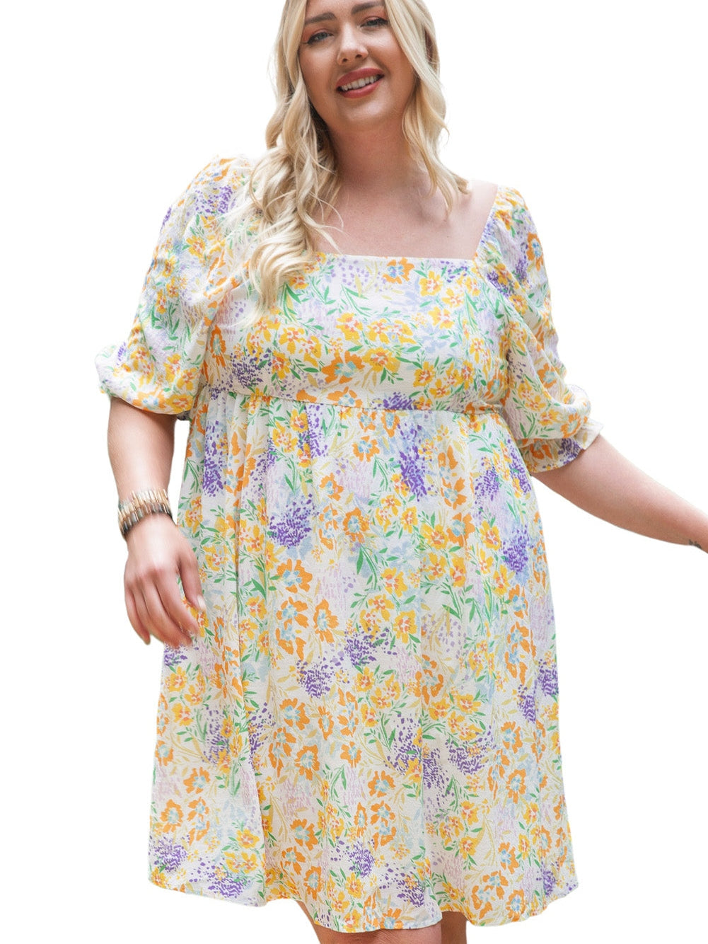 Floral Print Ruffle Sleeve Plus Size Mini Dress