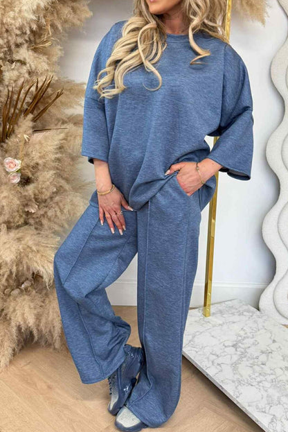 Ashleigh Blue 3/4 Sleeve Loose Top Drawstring Wide Leg Pant Set