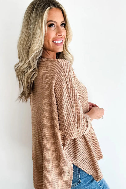 Light French Beige 3/4 Sleeve Textured Knit V Neck Loose Top