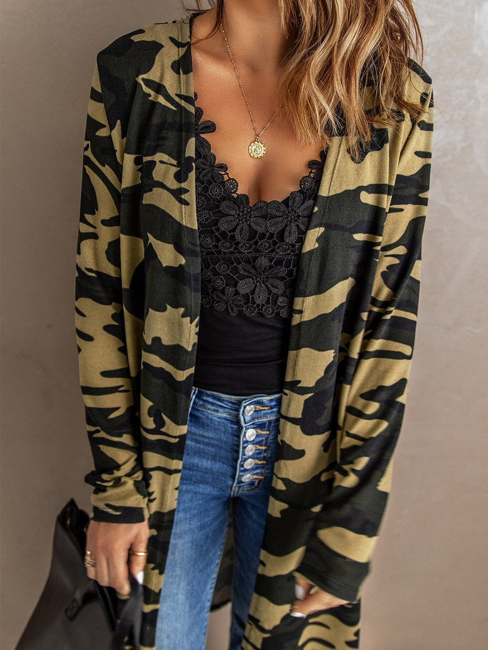 Green Camo Print V-Neck Cardigan