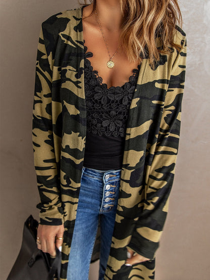 Green Camo Print V-Neck Cardigan