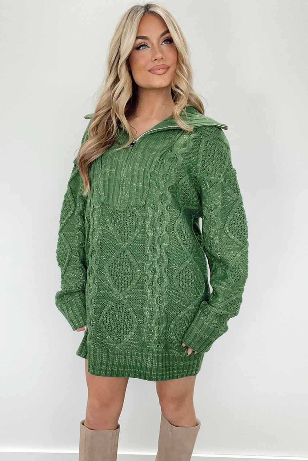 Mist Green Cable Knit Quarter Zip Loose Sweater Mini Dress