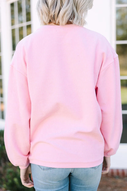 Pink 3d Ribbed XOXO Heart Embroidered Drop Shoulder Sweatshirt