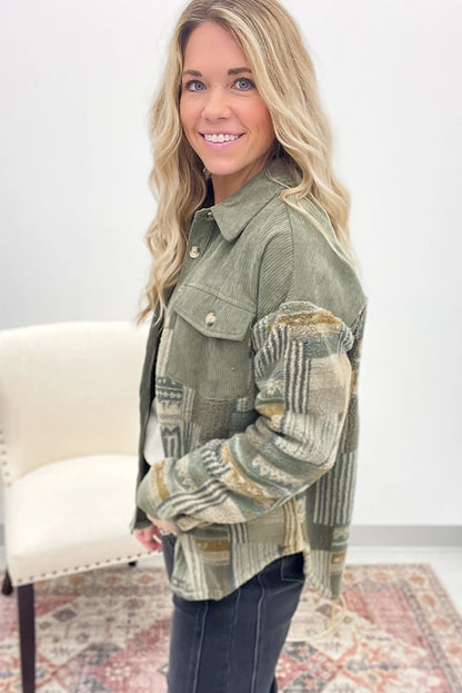 Smoke Green Corduroy Plush Patchwork Western Fashion Shacket