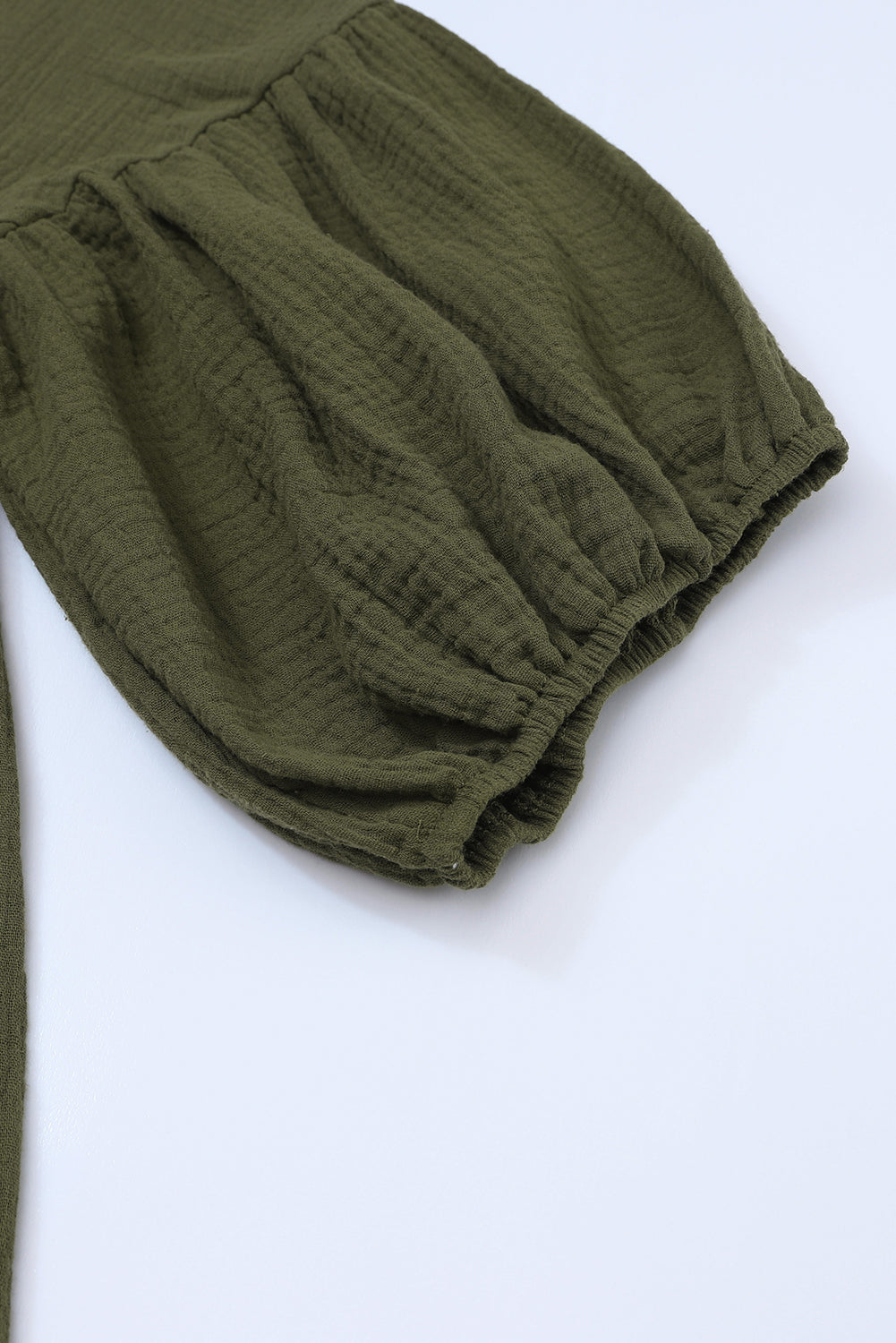 Green Textured V Neck Bracelet Sleeve Babydoll Blouse with Puff Sleeves