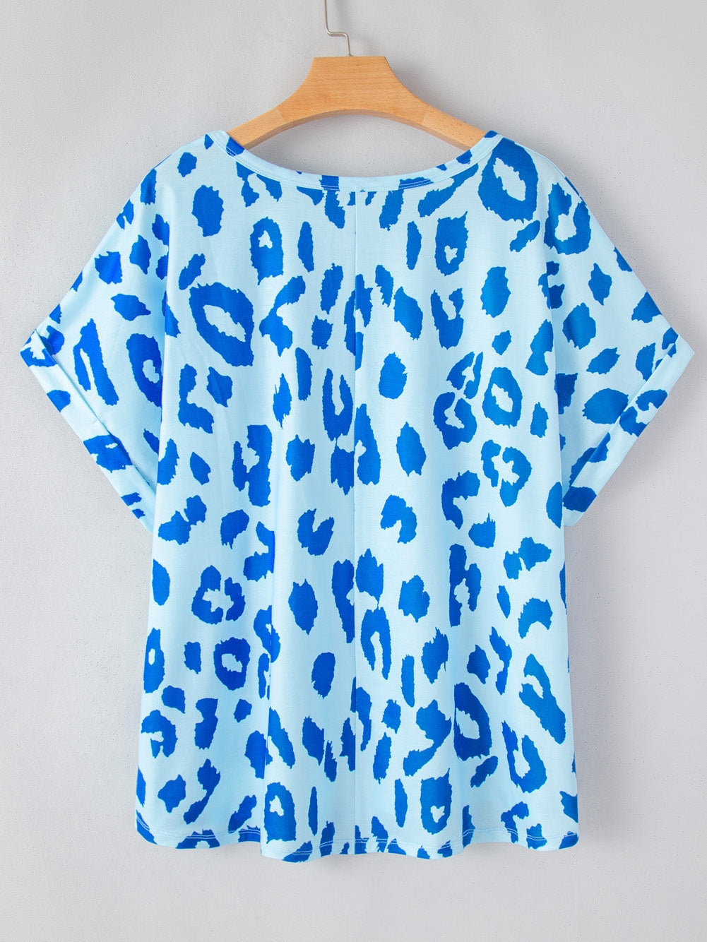 Sky Blue Leopard Printed V Neck Plus Size T Shirt