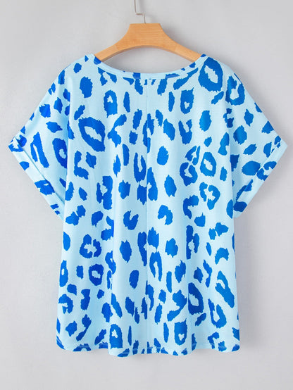 Sky Blue Leopard Printed V Neck Plus Size T Shirt