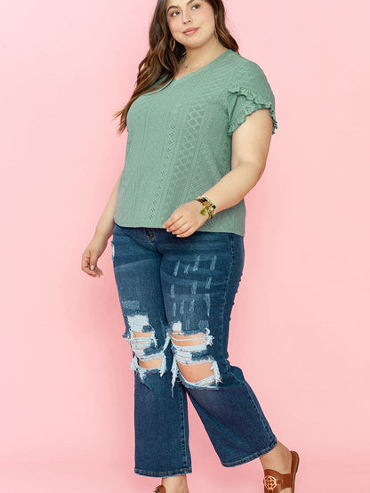 Green Jacquard V-Neck Plus Size Blouse with Petal Sleeves