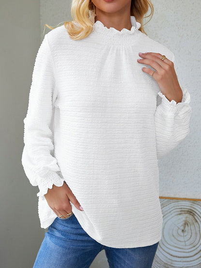 Elegant Textured White Lantern Sleeve Blouse with Smocked High Neck