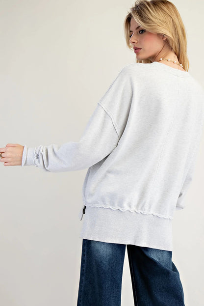 Light Grey Raw Seam Color Block Flower Patched Long Sleeve Top