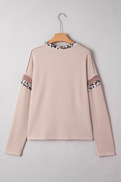 Beige Twist Ribbed Leopard Color Block Detail Drop Shoulder Long Sleeve Top
