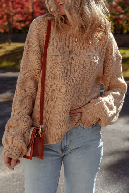 Camel Flower Crochet Cable Knit Drop Sleeve Sweater