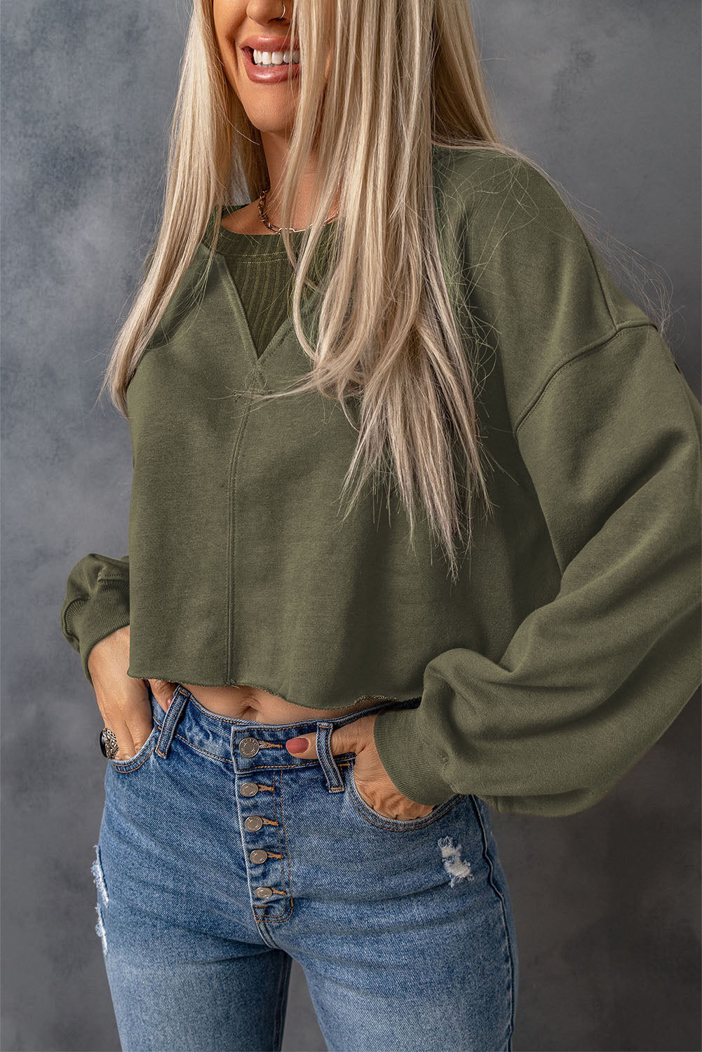 Green Curly Hemline Cropped Sweatshirt