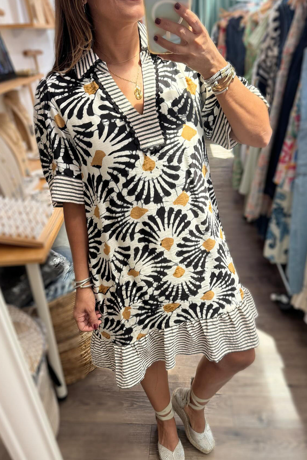 Black Abstract Floral Print Striped Collar Ruffle Hem Mini Dress