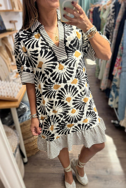 Black Abstract Floral Print Striped Collar Ruffle Hem Mini Dress