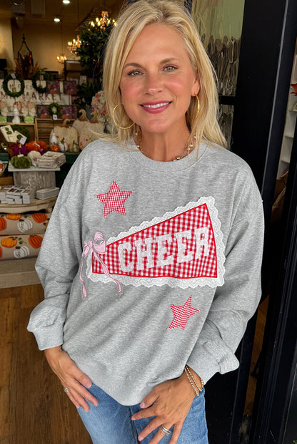 Light Grey Lace Plaid Patched CHEER Graphic Sweatshirt