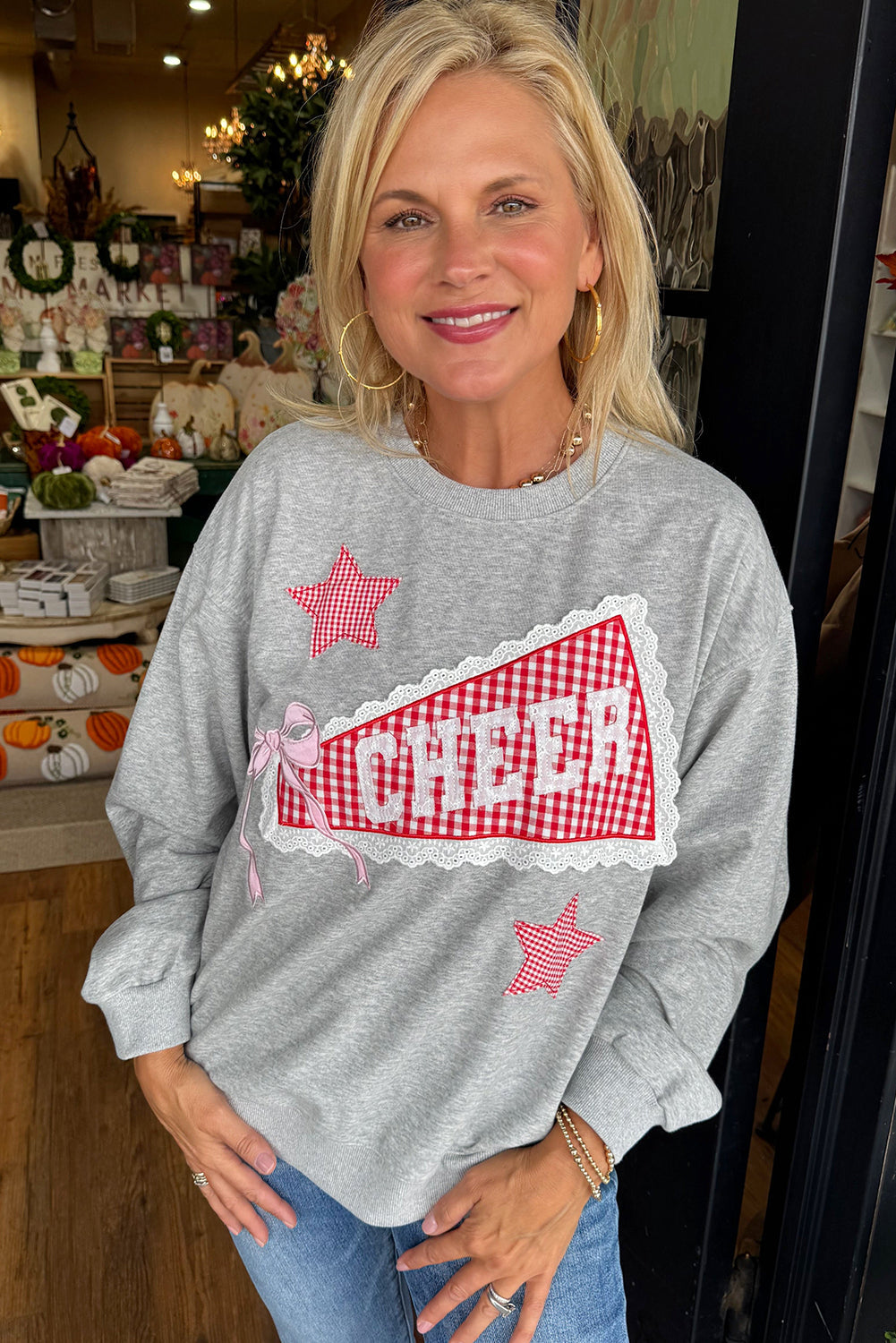 Light Grey Lace Plaid Patched CHEER Graphic Sweatshirt