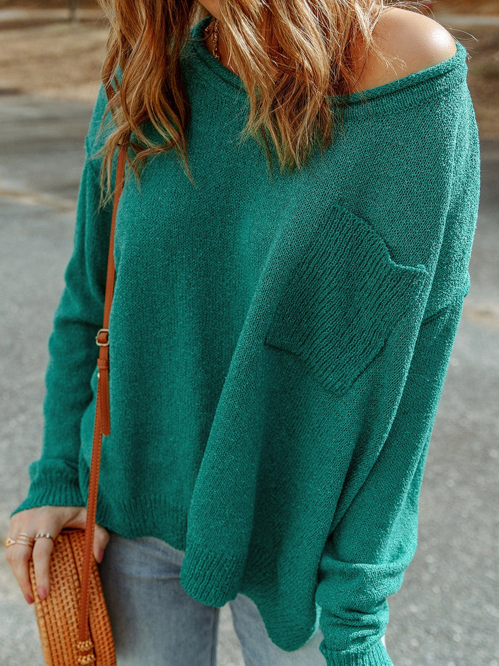 Green Rib Knit Off Shoulder Sweater with Chest Pocket