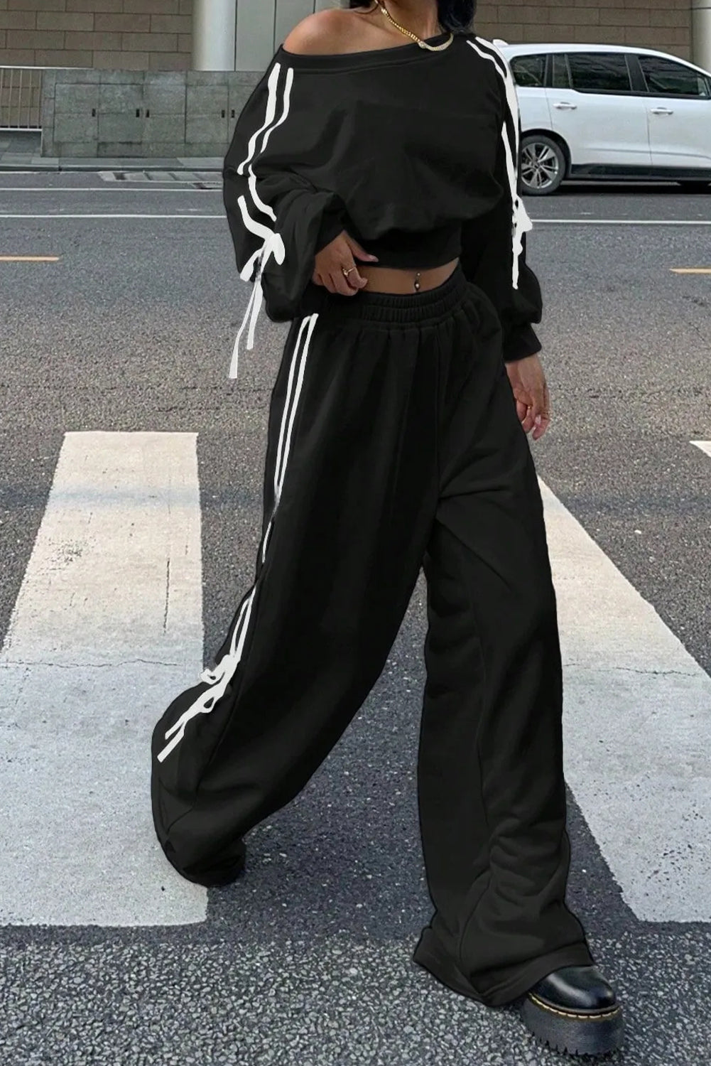 Black Varsity Striped Bow Knot Detail Cropped Top Elastic Waist Pull On Loose Pant Set