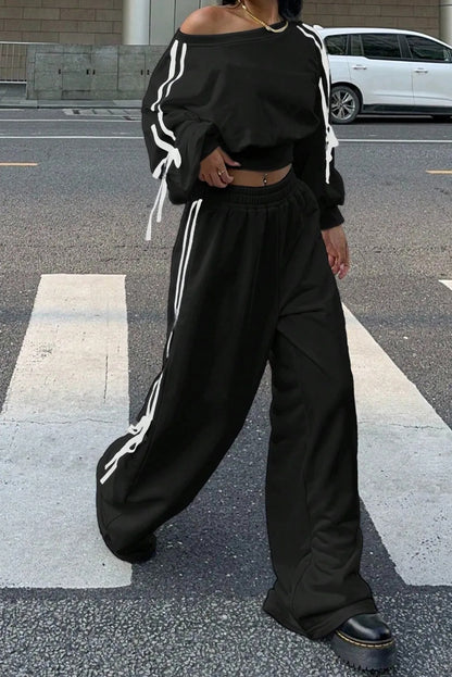 Black Varsity Striped Bow Knot Detail Cropped Top Elastic Waist Pull On Loose Pant Set