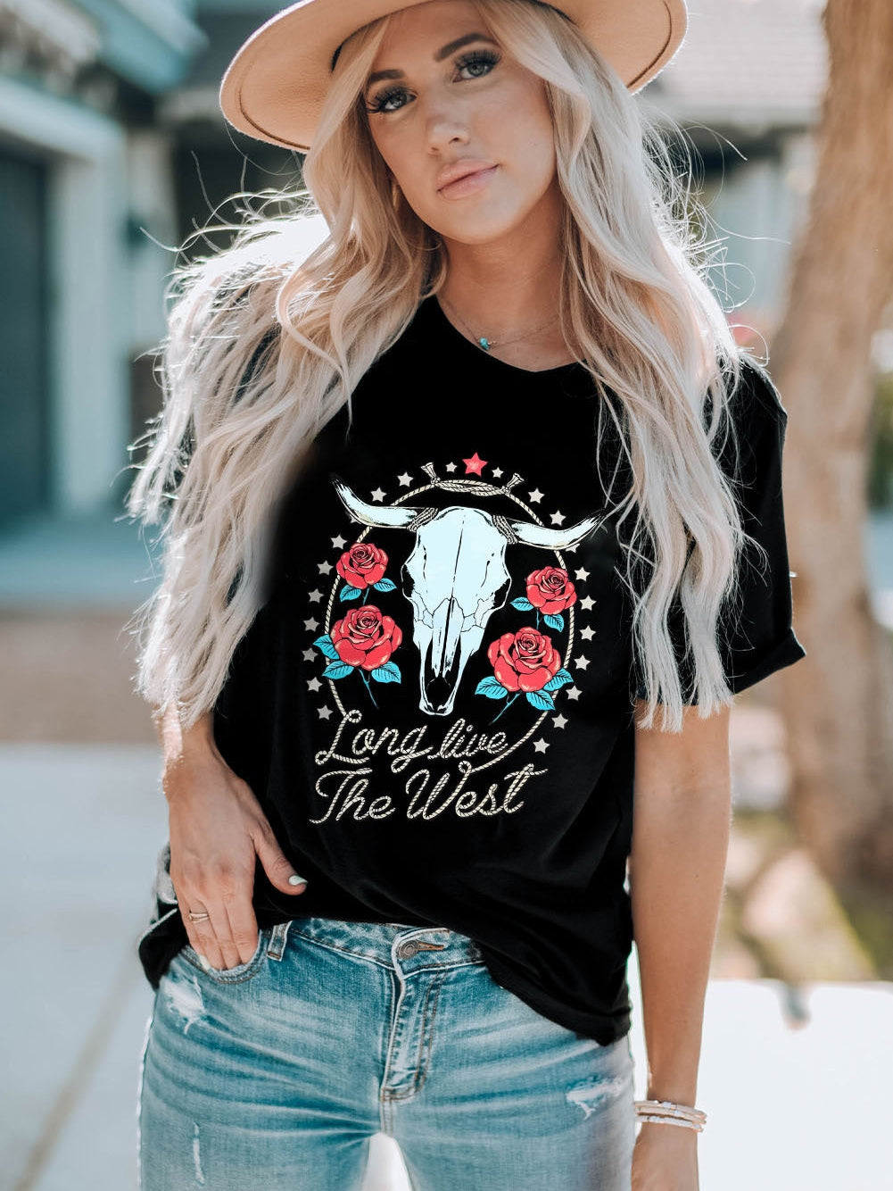 Floral Long Live The West Black Steer Head Graphic T-Shirt