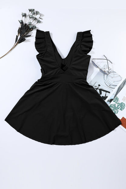 Sleek Black Crossed Cutout One Piece Swimsuit Dress