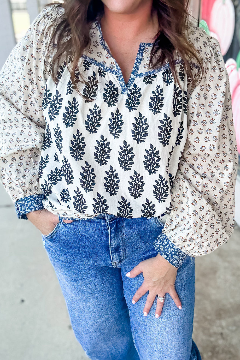 White Plus Size Boho Floral Print Contrast Trim Split Neck Long Sleeve Patchwork Blouse