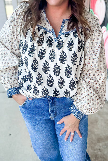 White Plus Size Boho Floral Print Contrast Trim Split Neck Long Sleeve Patchwork Blouse