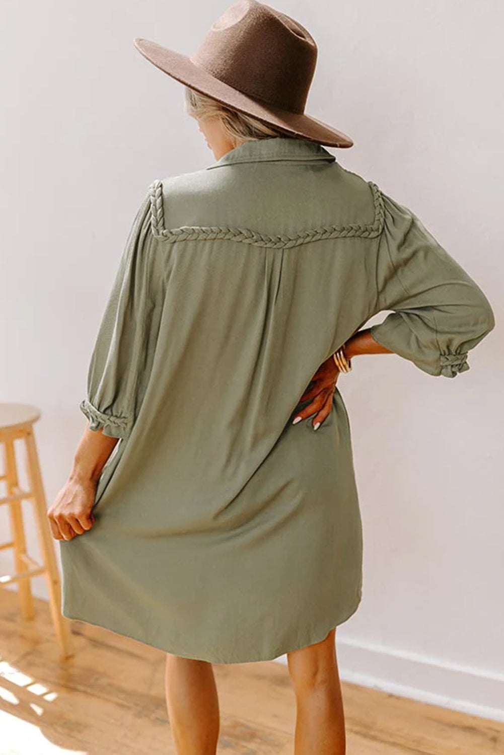 Four Leaf Clover Solid Color 3/4 Sleeve Braided Detail Button Down Mini Shirt Dress