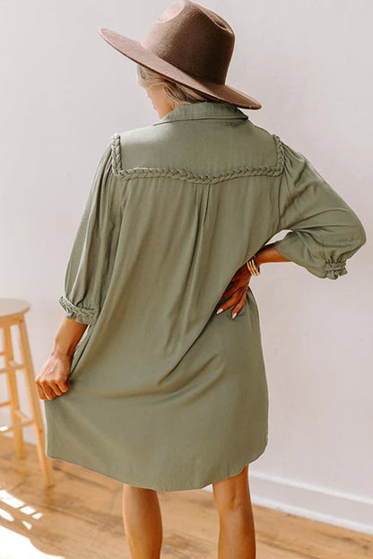 Four Leaf Clover Solid Color 3/4 Sleeve Braided Detail Button Down Mini Shirt Dress