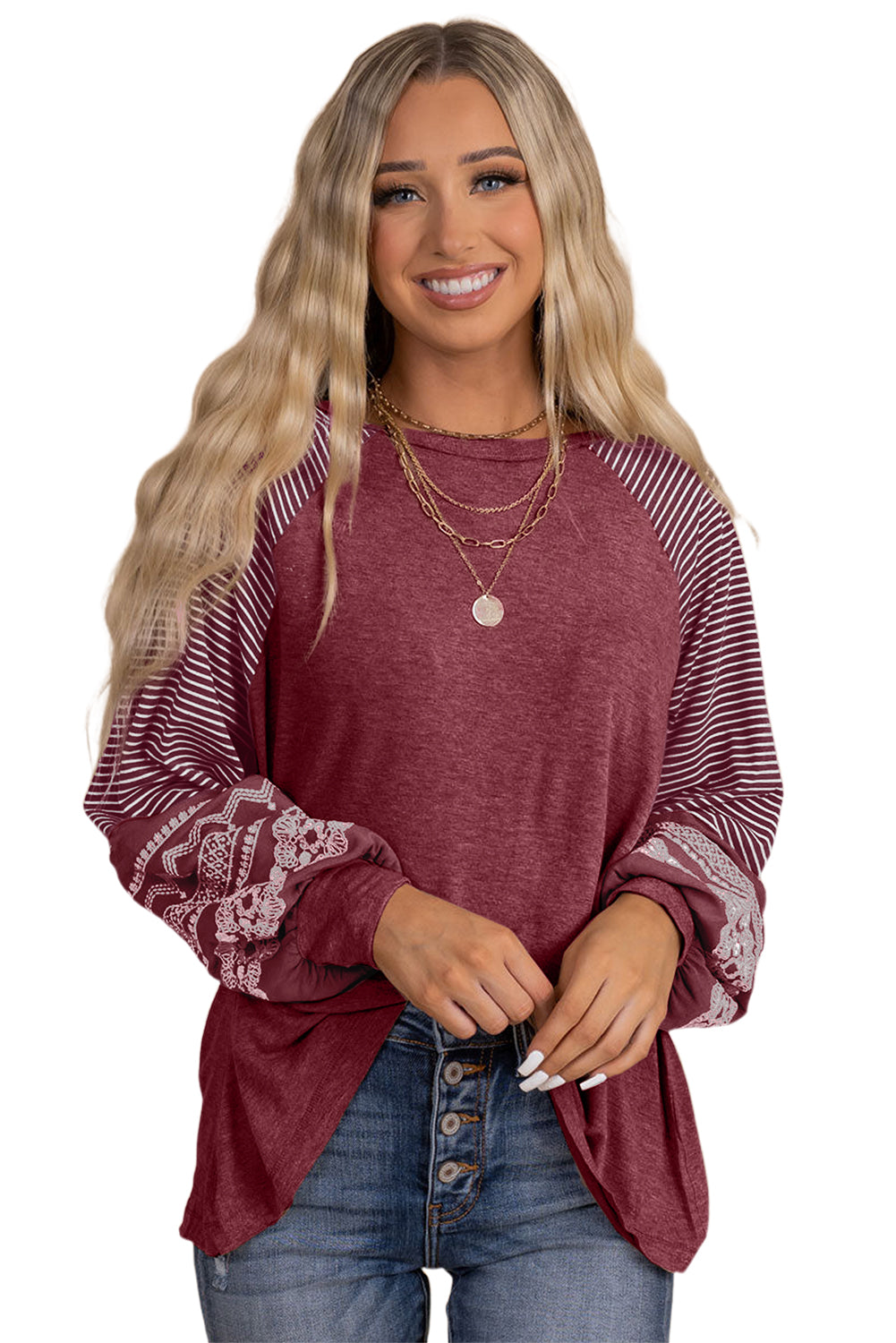 Burgundy Contrast Print Striped Raglan Long Sleeve Loose Top