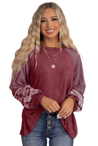 Burgundy Contrast Print Striped Raglan Long Sleeve Loose Top