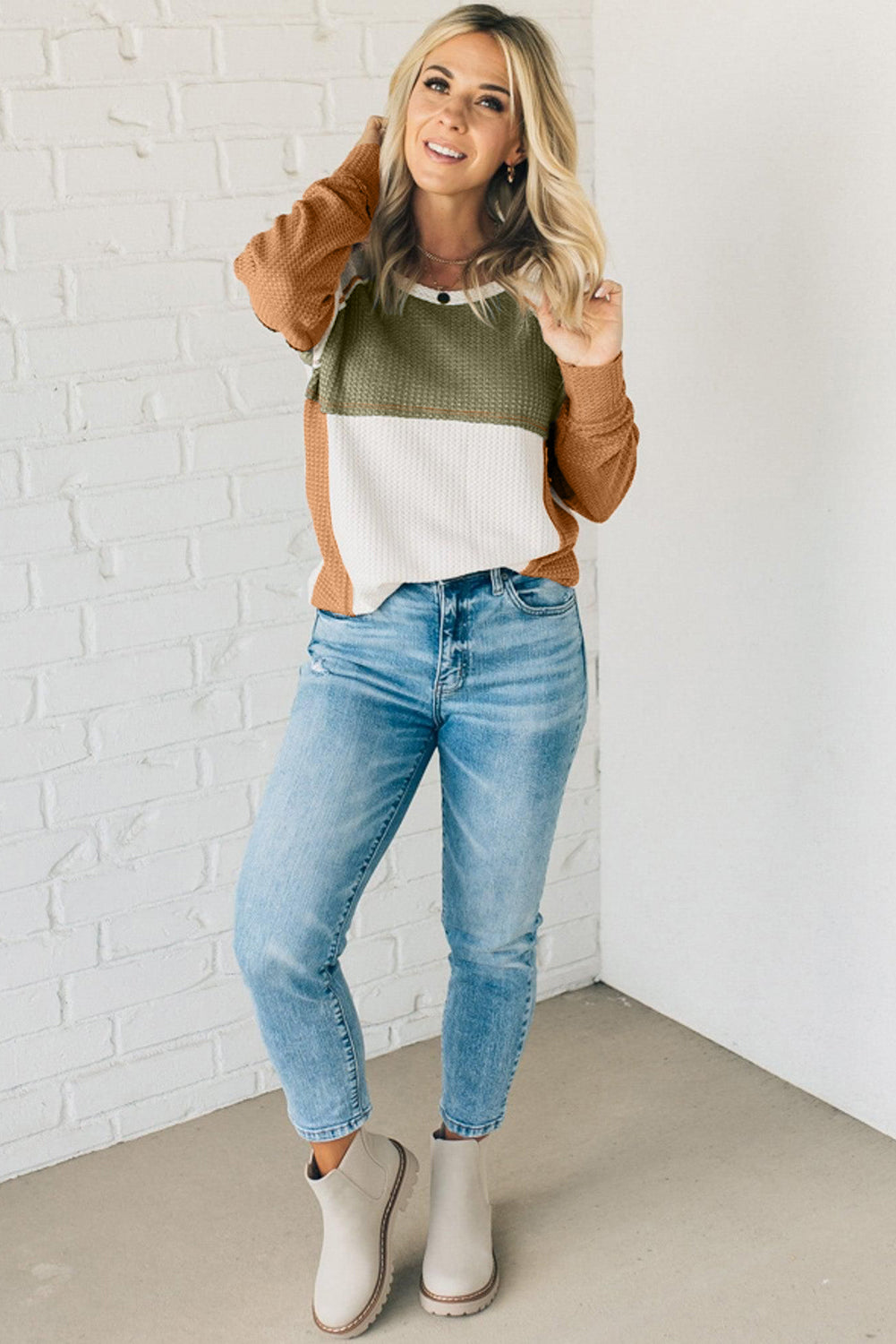 Green Block Patchwork Long Sleeve Waffle Knit Top