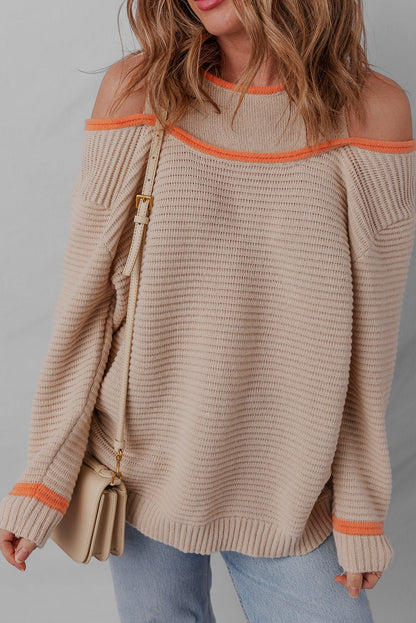 Parchment Contrast Trim Cold Shoulder Patchwork Knit Loose Sweater