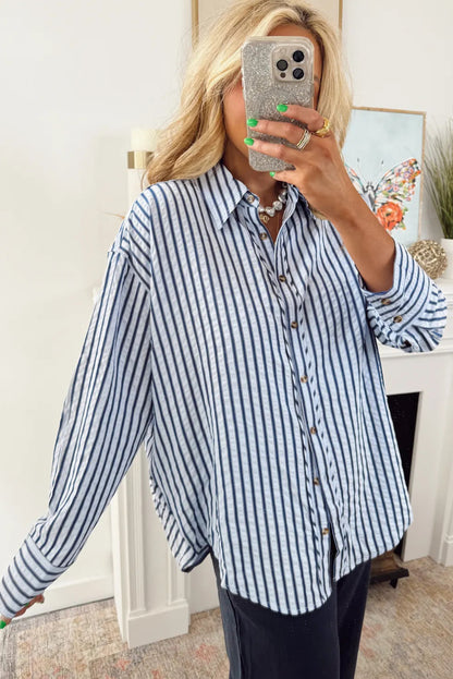 Blue Stripe Textured Hi Low Rounded Hem Casual Shirt with Slits