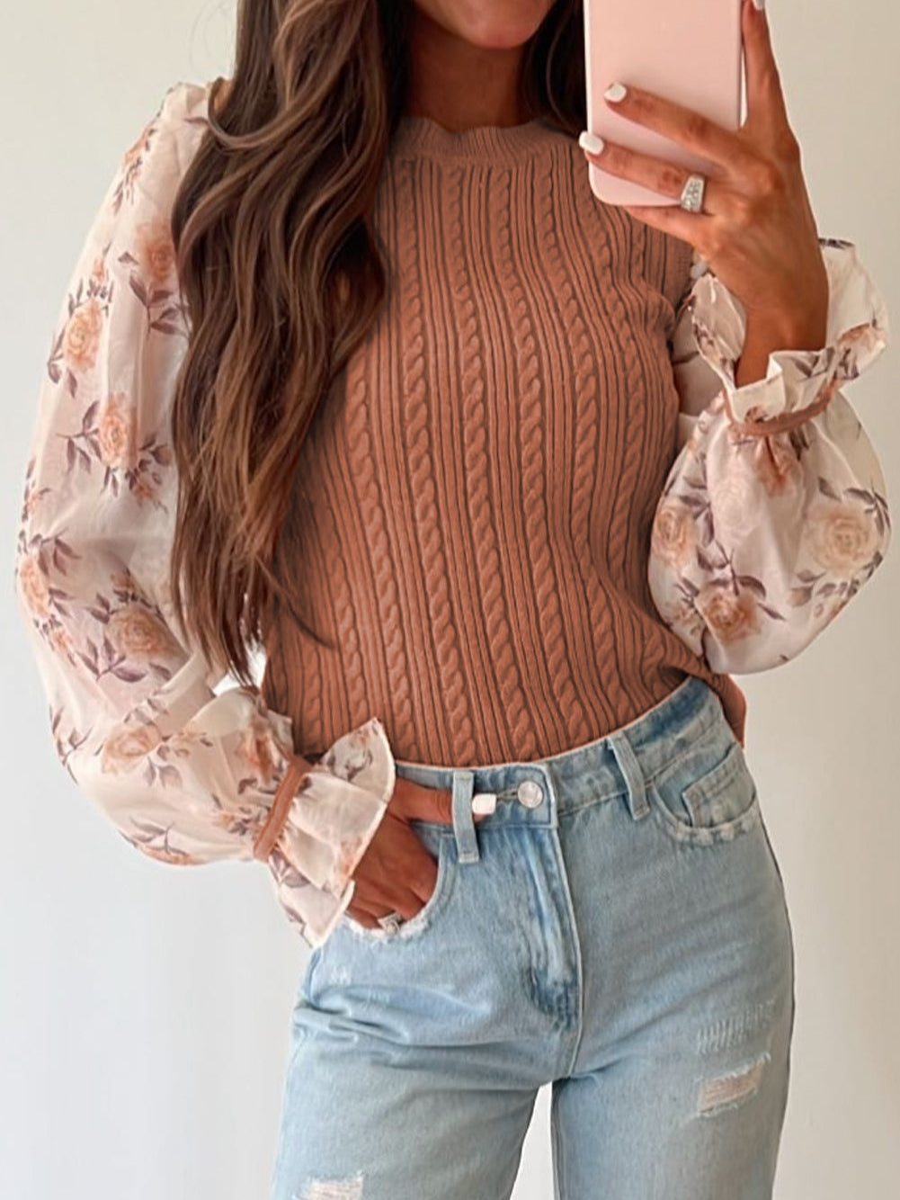 Golden Floral Patchwork Ruffled Cuff Cable Knit Sweater with Elegant Southern Belle Style