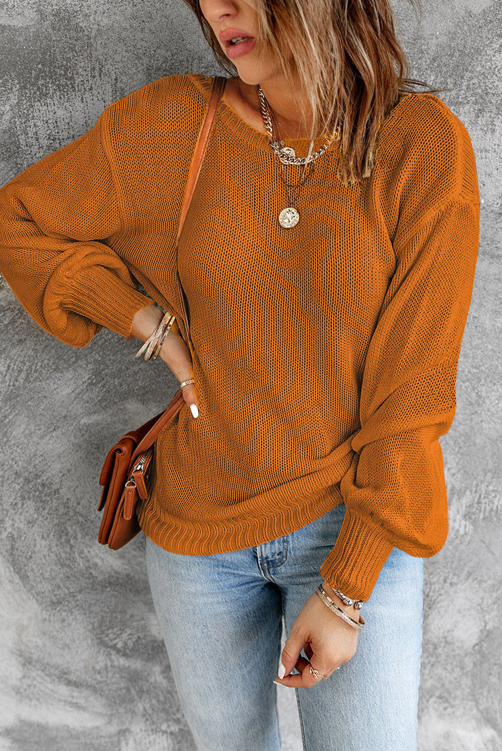 Orange Drop Shoulder Back Cut-out Sweater with Tie