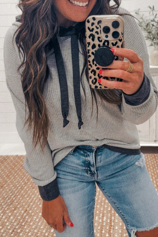 Light Grey Ribbed Knit Contrast Trim Tie Neck Hoodie