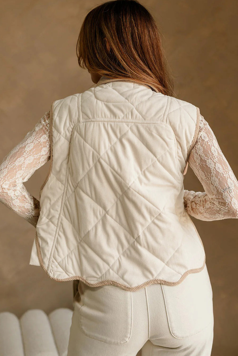 White Quilted Texture Corduroy Trim Contrast Collar Patchwork Vest