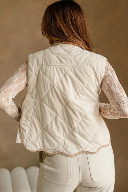 White Quilted Texture Corduroy Trim Contrast Collar Patchwork Vest