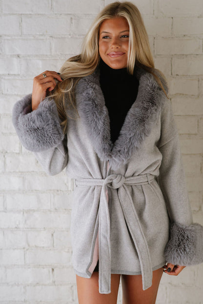 Light Grey Plus Collar Cuff Patchwork Open Front Belted Overcoat