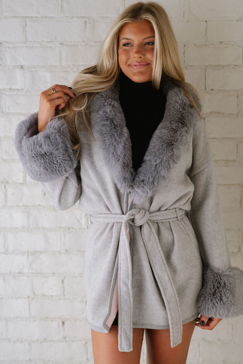 Light Grey Plus Collar Cuff Patchwork Open Front Belted Overcoat